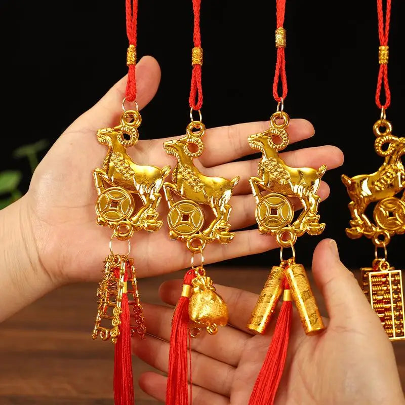 Golden Chinese Zodiac Goat Ornament with Red Tassel Lucky Charm Hanging Ornament Nixie