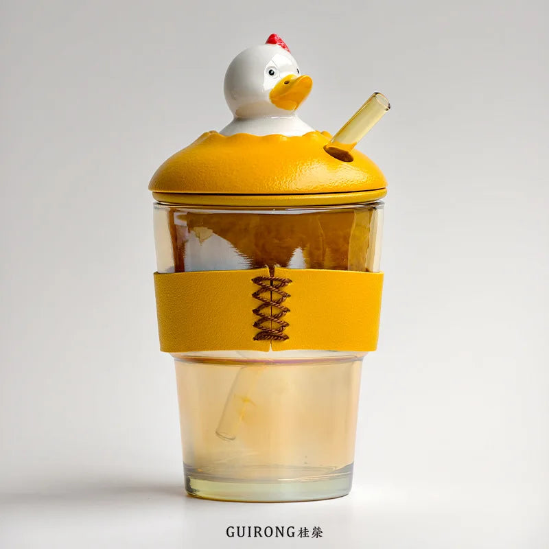 Happy Duck Glass Straw Cup 350ml – Tea Infuser with Lid Glass Straw Cup Nixie