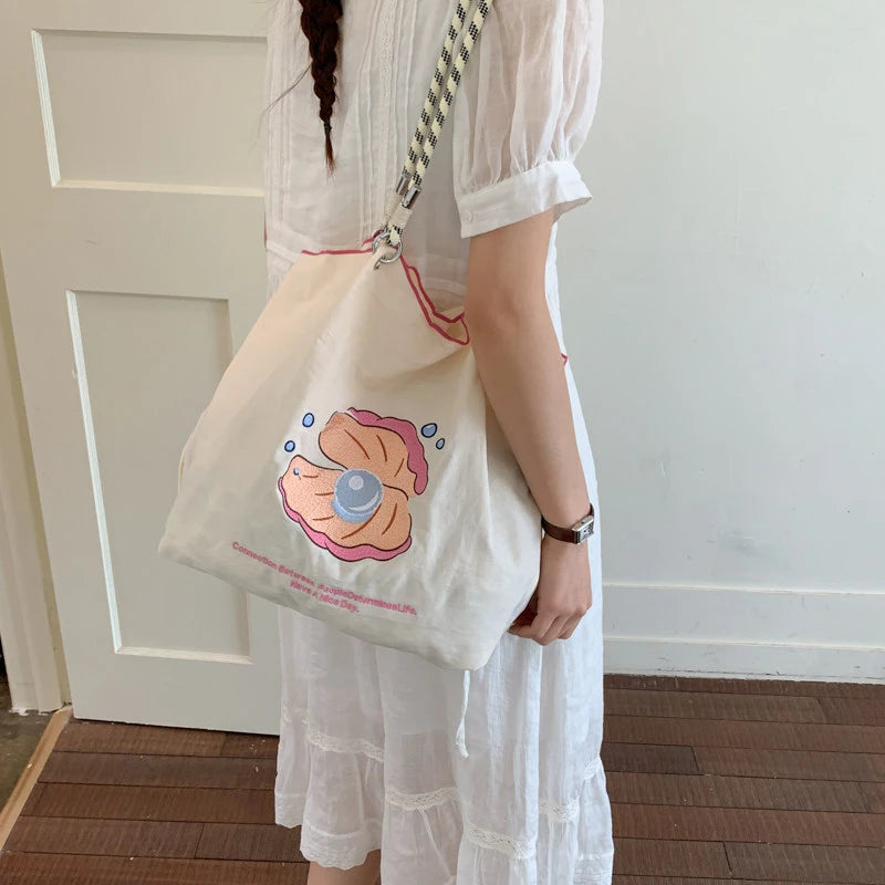 Japanese Cartoon Embroidered Canvas Tote Bag – Cute Shoulder Bag Canvas Shoulder Tote Nixie
