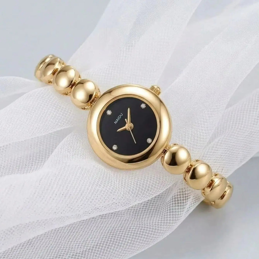 Gold Bead Chain Women's Quartz Watch – Rhinestone White Dial