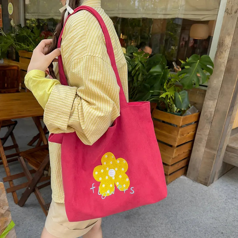 Cartoon Flower Embroidery Canvas Shoulder Bag | Korean Style Canvas Shoulder Bag Nixie