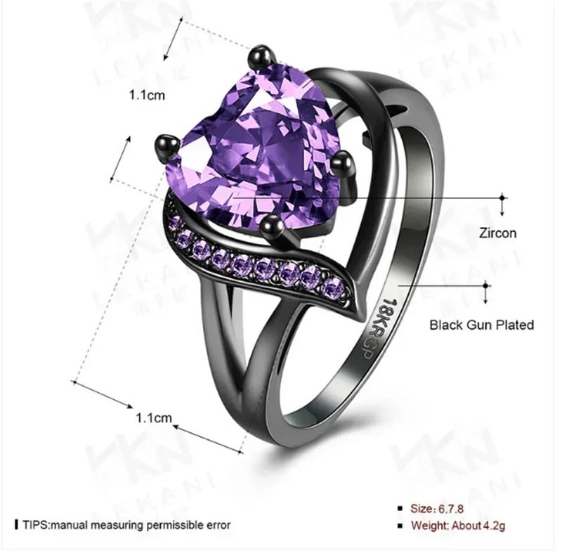 Black Gold Heart Purple Zircon Fashion Ring | Sizes 6–10 Fashion Ring Nixie
