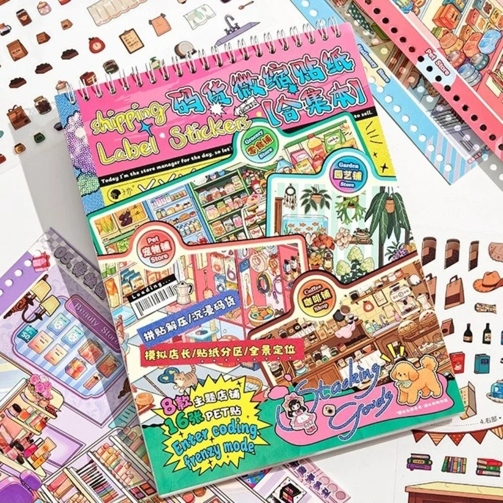 Miniature Shop Scene Sticker Book – 8 Scenes & 24 Sheets DIY Craft Sticker Book Nixie