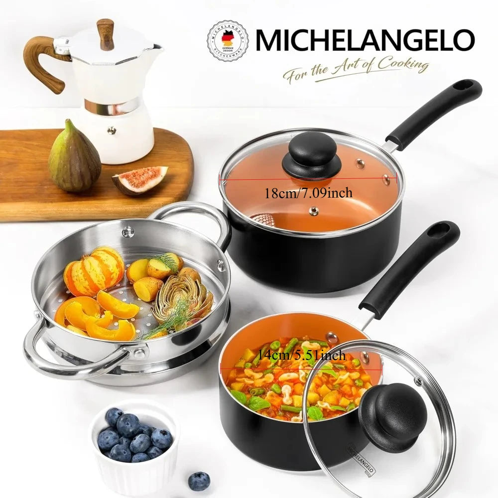 MICHELANGELO 1QT & 2QT Ceramic Non-Stick Pot Set + Steamer Ceramic Cookware Set Nixie