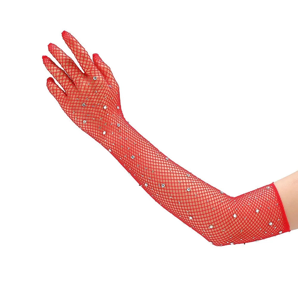 Glitter Rhinestone Fishnet Gloves Long Opera Punk Cosplay Mittens Costume Fashion Gloves Nixie