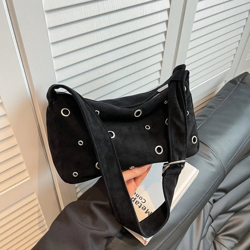 Women's Rivet Frosted Faux Suede Crossbody Shoulder Bag Crossbody Shoulder Bag Nixie Black