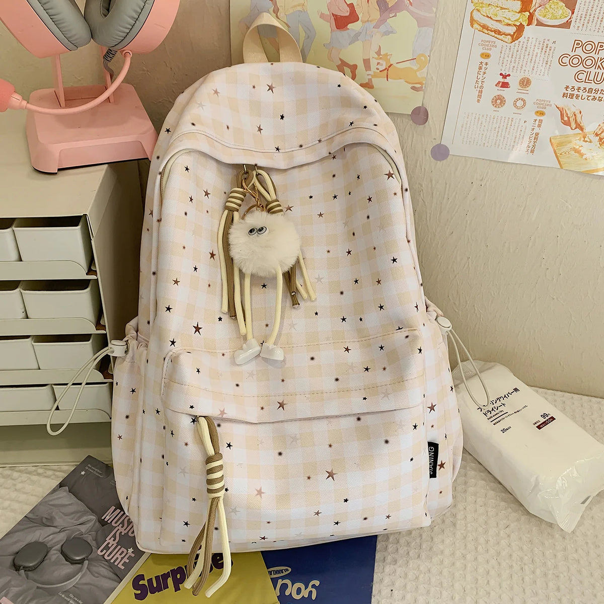 Korean Plaid Backpack – Cute Star Design, Lightweight School Bag Fashion Backpack Nixie Light Khaki (No Char