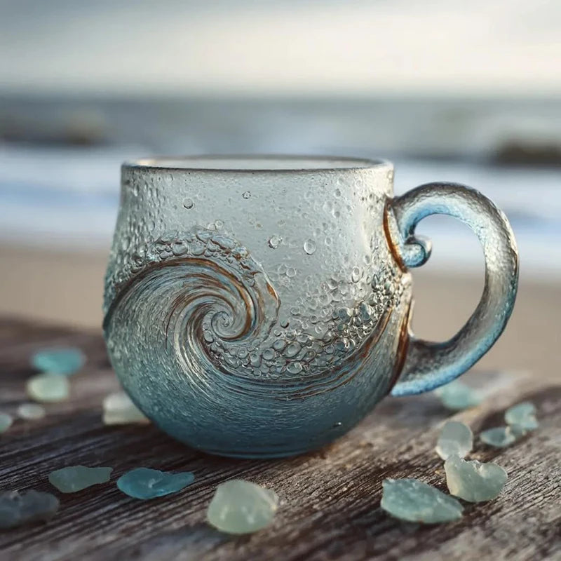 Sea Glass Wave Mug 12 oz – Handblown Ocean Wave Glass Cup Glass Mug Nixie