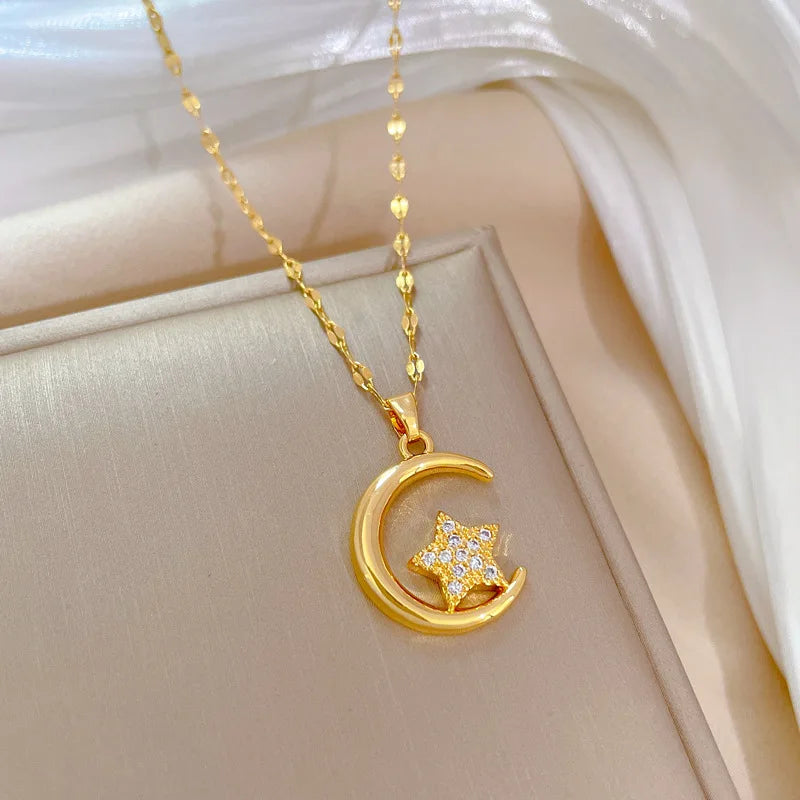 Star Moon Pendant Necklace | Gold Stainless Steel Choker Pendant Necklace Nixie
