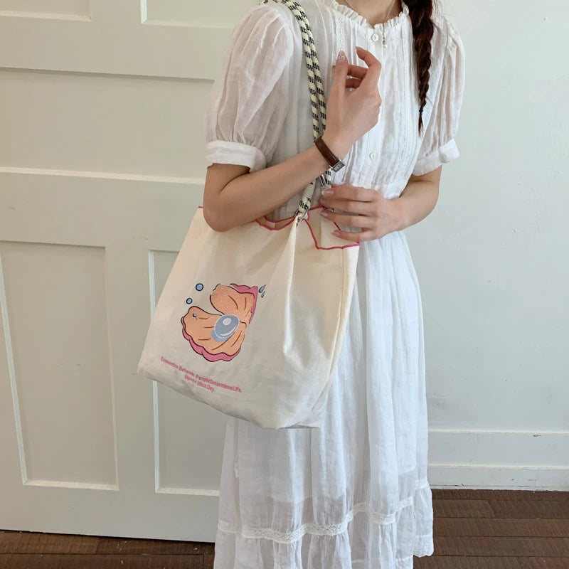 Japanese Cartoon Embroidered Canvas Tote Bag – Cute Shoulder Bag Canvas Shoulder Tote Nixie