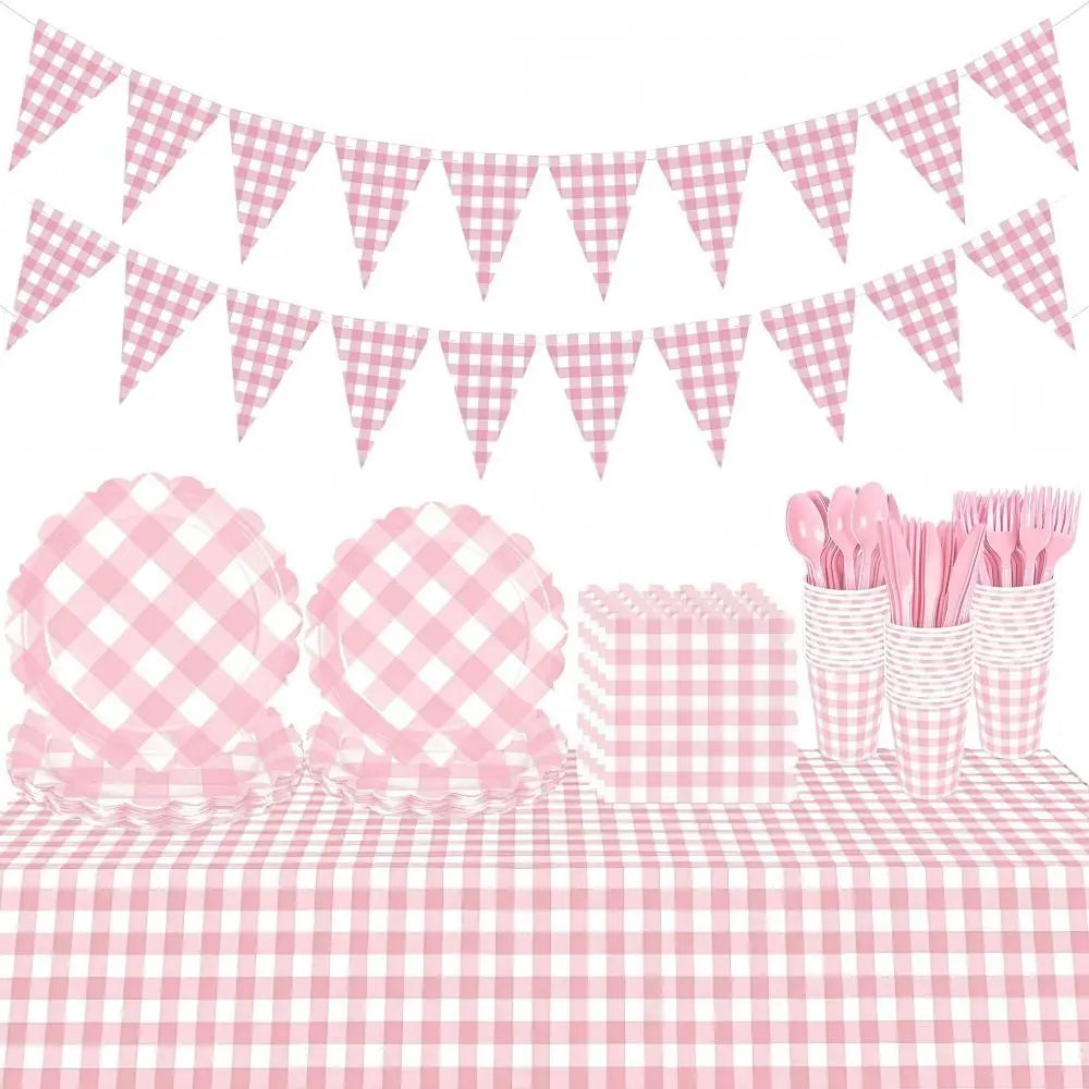 Pink Checkered Party Tableware Set – Serves 25 Guests