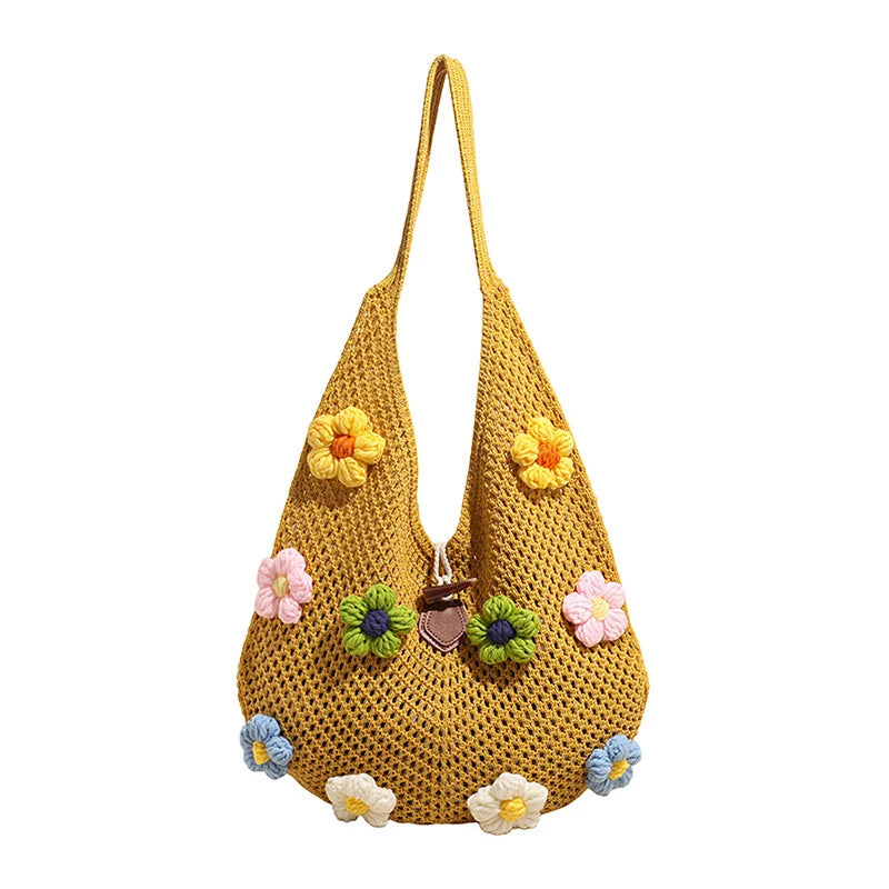 Floral Knit Tote Bag – Large Capacity Beach Shoulder Bag Knit Tote Bag Nixie