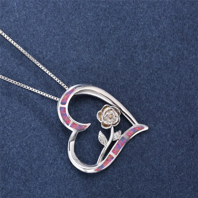 Purple Simulated Opal Heart Pendant Necklace | Rhinestone Heart Pendant Necklace Nixie