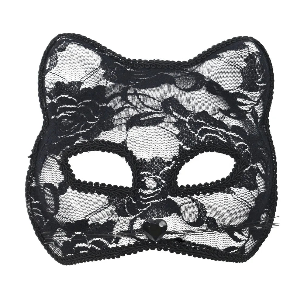 Cat Face Masquerade Lace Mask – Black & White Costume Prop Masquerade Mask Nixie Black Heart