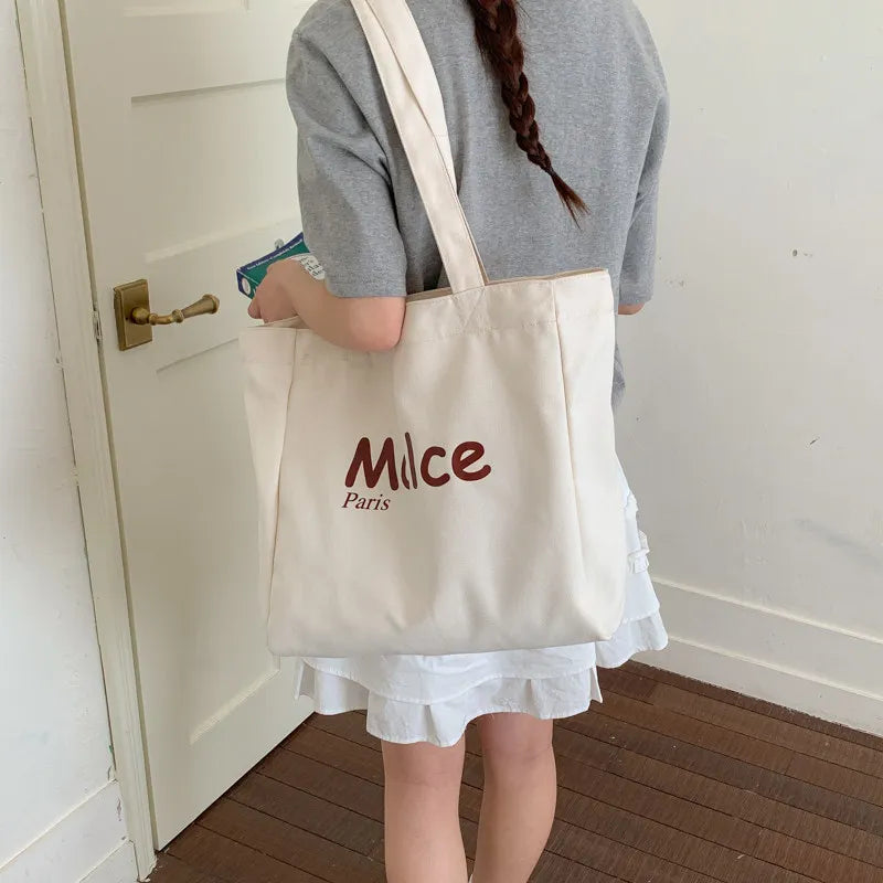 Vintage Letter Print Canvas Tote Bag – Large Women's Shoulder Canvas Tote Bag Nixie White