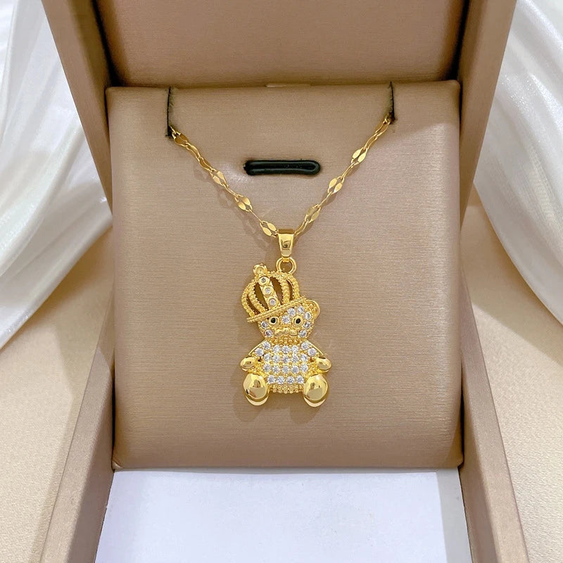 Crown Bear Gold Pendant Necklace | Stainless Steel Clavicle Chain Pendant Necklace Nixie