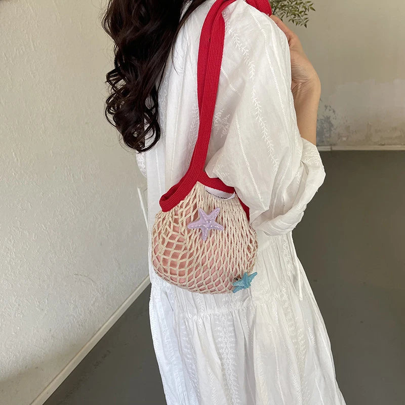 Women's Hollow Woven Mesh Bucket Bag – Large Crossbody Woven Mesh Handbag Nixie