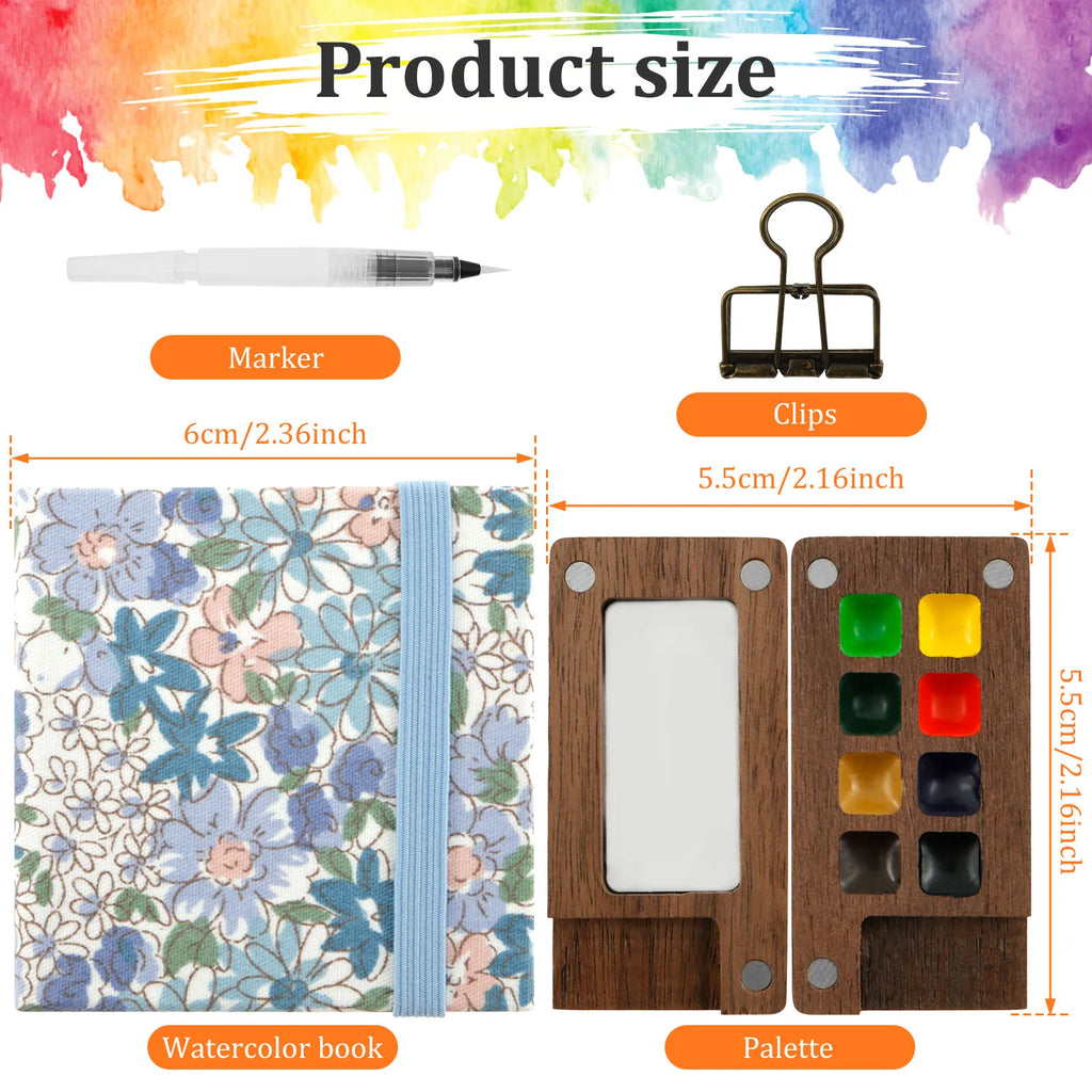 Mini Travel Watercolor Palette Set | 8-Grid Wood Palette & Sketchbook Watercolor Palette Set Nixie A