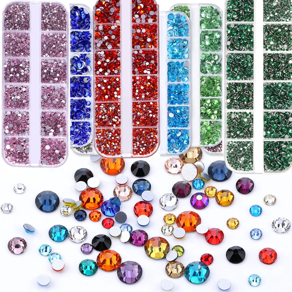 Champagne Crystal Nail Rhinestones 12-Grid SS4-SS16 Flatback Gems Set Nail Art Rhinestones Nixie