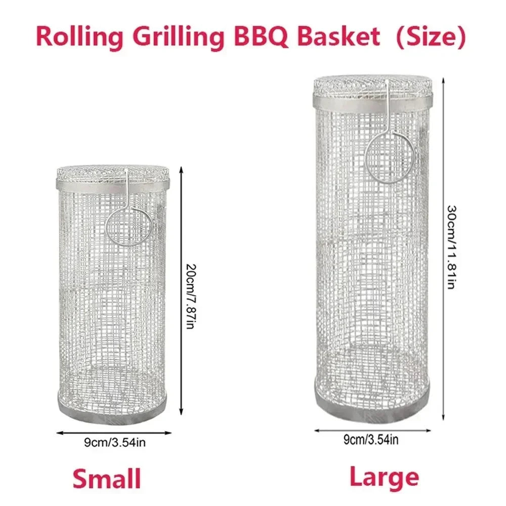 Rolling BBQ Grill Basket – Stainless Steel Cylindrical Mesh Rack