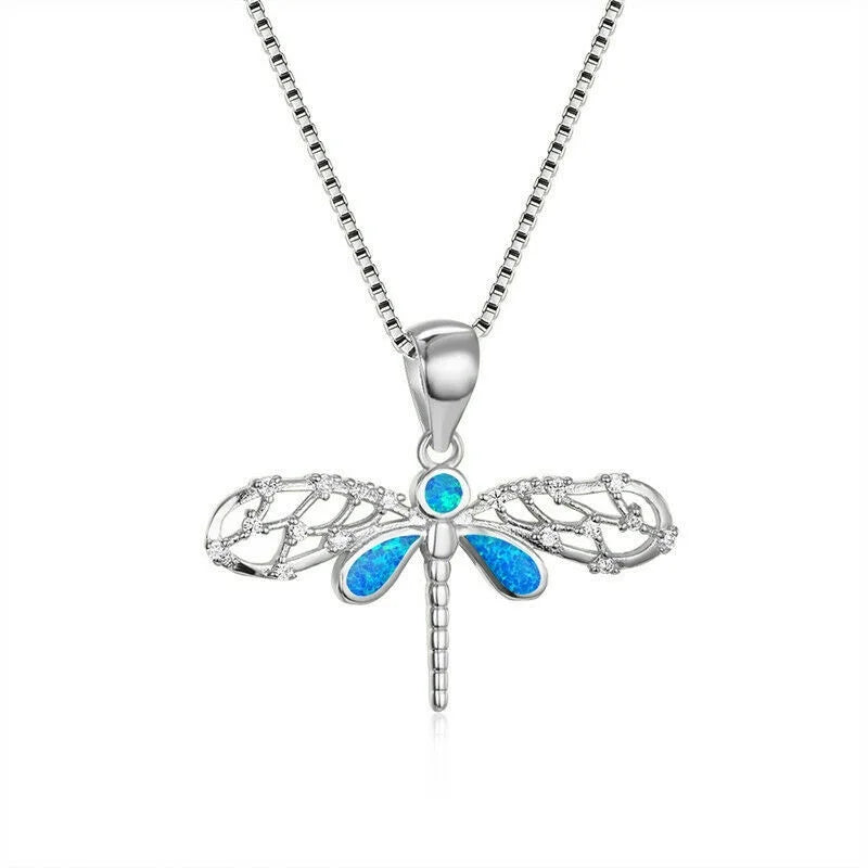 Dragonfly Pendant Necklace – Simulated Opal & Zircon Accents Pendant Necklace Nixie Silver-Blue