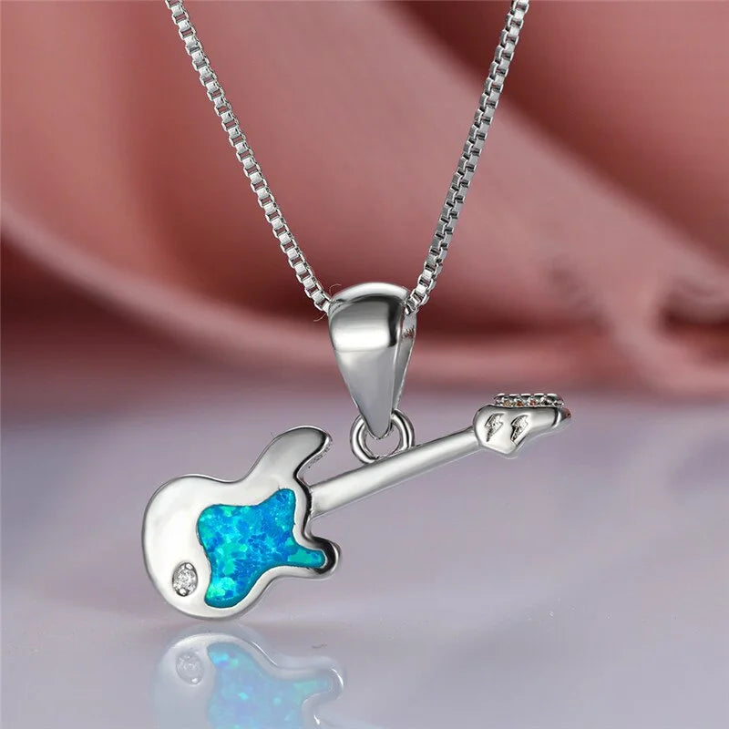 Crystal Opal Guitar Pendant Necklace – Silver Chain for Women Pendant Necklace Nixie