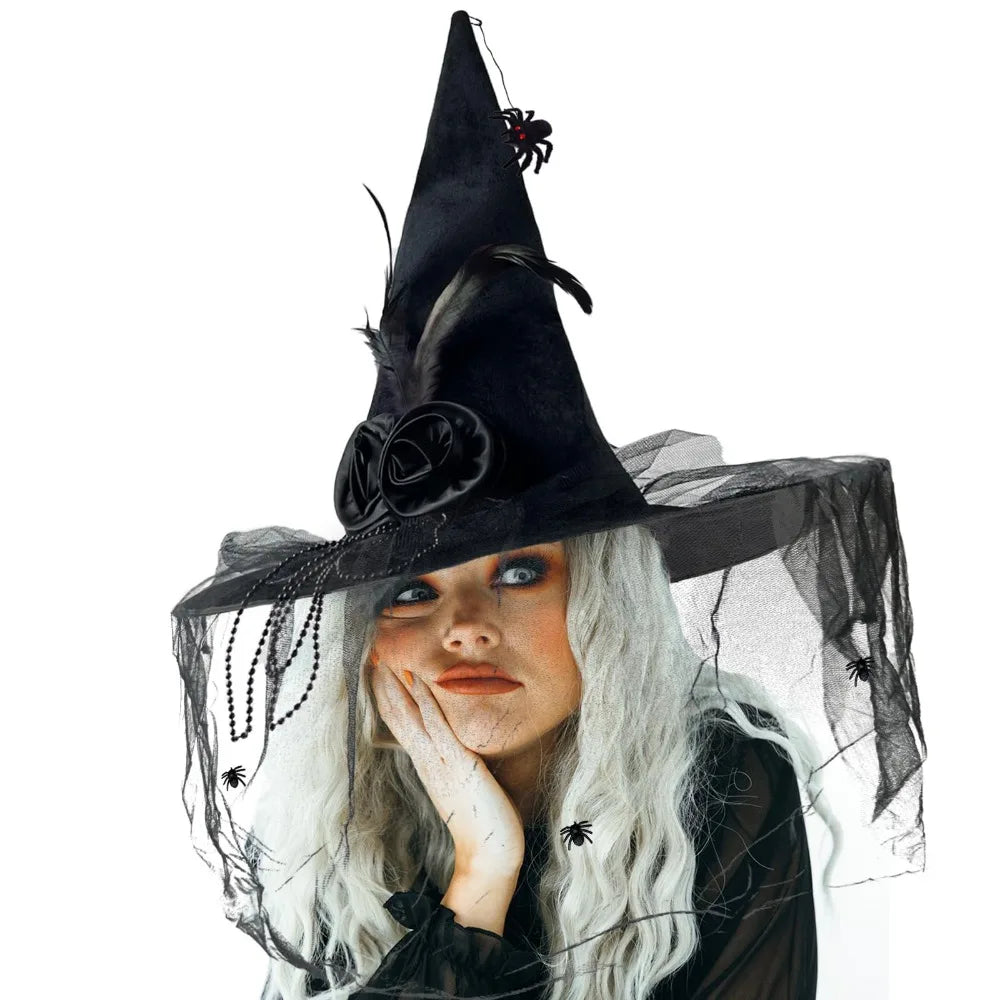 Halloween Witch Hat with Veil, Flowers & Feathers | Felt Wizard Hat