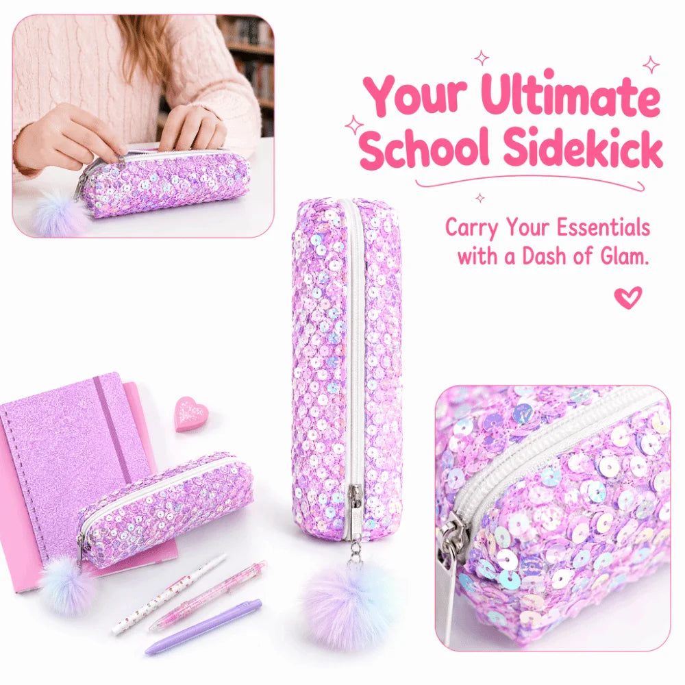 Rainbow Sequin Pencil Case – Shiny Zipper Pouch for Students