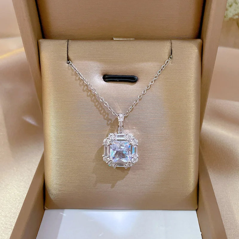 Square Zircon Emerald Pendant Necklace | Stainless Steel & Copper