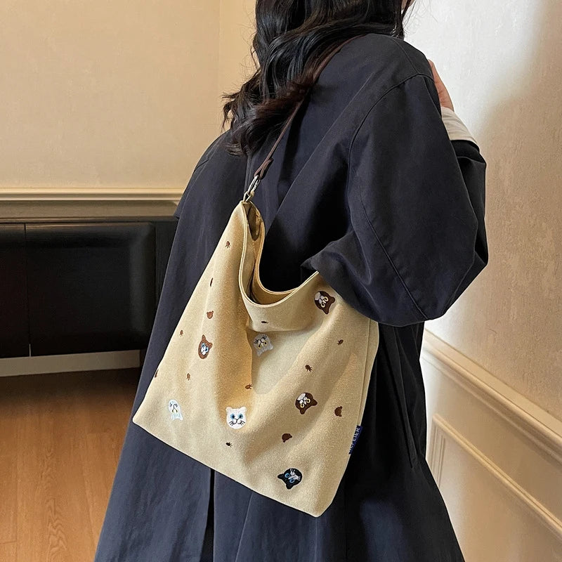 Women's Embroidered Canvas Tote Bag | Korean Minimalist Style Canvas Shoulder Tote Nixie