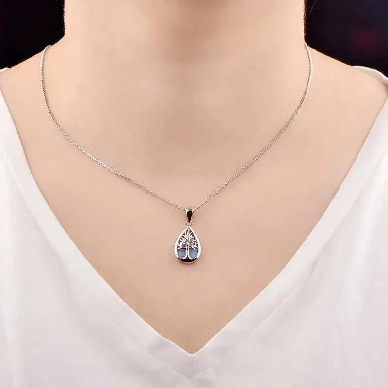 Life Tree Blue Opal Jewelry Set – Necklace & Earrings for Women Jewelry Set Nixie