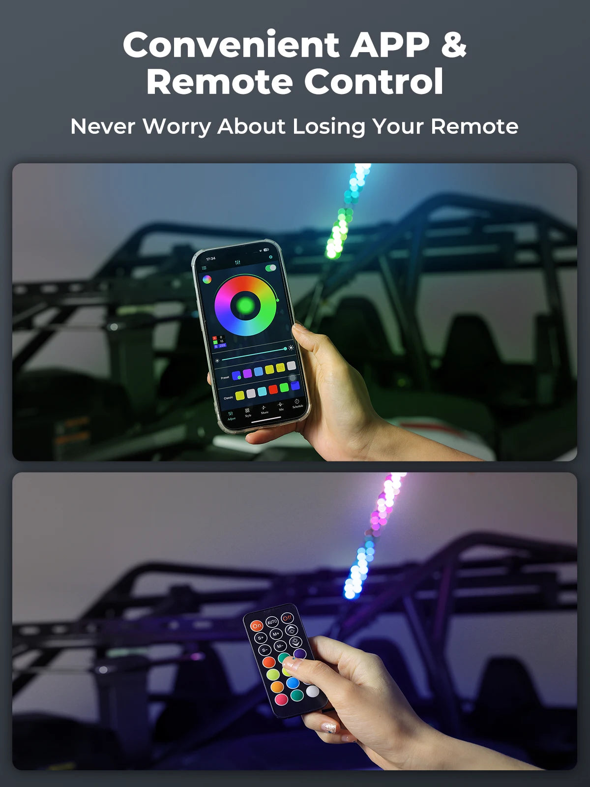 KEMIMOTO 3FT Spiral LED Whip Light | APP & RF Remote | IP67 LED Whip Light Nixie