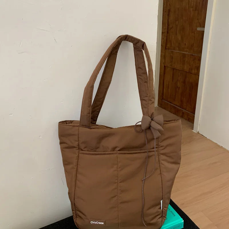 Korean Style Large Capacity Padded Nylon Tote Shoulder Bag Nylon Tote Bag Nixie BB-676-Brown Extra Large