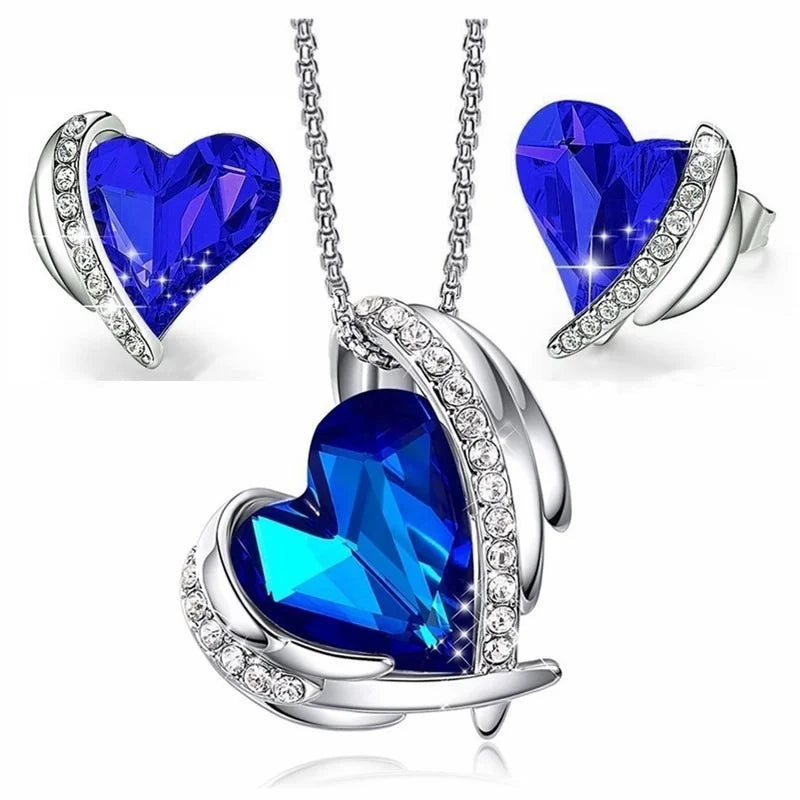 Silver Heart Crystal Necklace & Earrings Set for Women Jewelry Set Nixie Royal blue