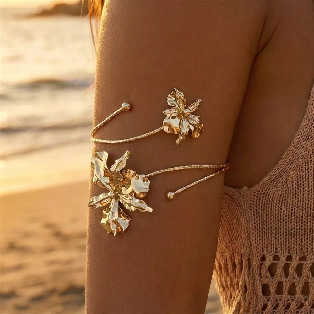 Boho Flower Upper Arm Cuff Bracelet – Adjustable Gold Armlet Arm Cuff Bracelet Nixie