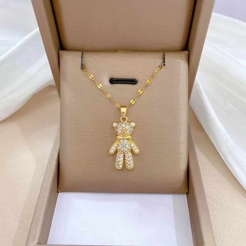 Butterfly Bow Bear Pendant Choker Necklace – Gold Stainless Steel Pendant Necklace Nixie