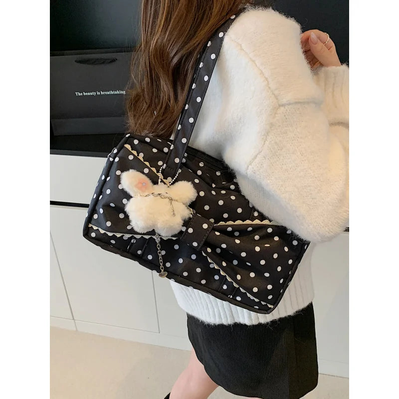 Nixie Polka Dot Canvas Shoulder Bag – Large Capacity Women