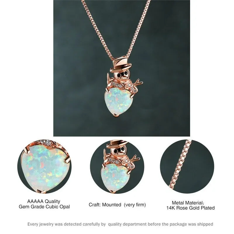 Heart Snowman Pendant Necklace – Pink Simulated Opal Charm Pendant Necklace Nixie