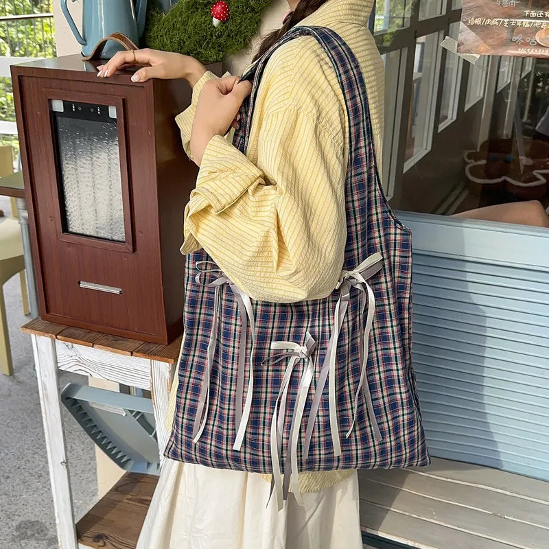 Korean Academia Plaid Bow Tote Bag – Large Canvas Shoulder Bag Canvas Tote Bag Nixie