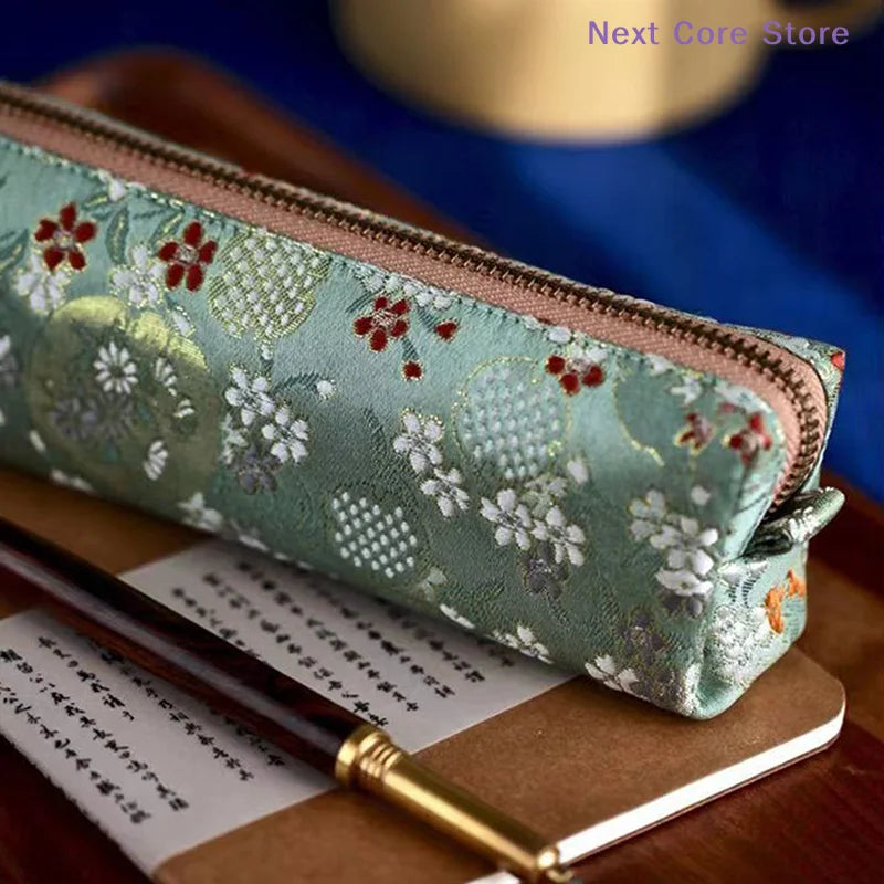 Vintage Embroidery Pencil Case Large Capacity Cotton Linen Pouch Embroidery Pencil Case Nixie