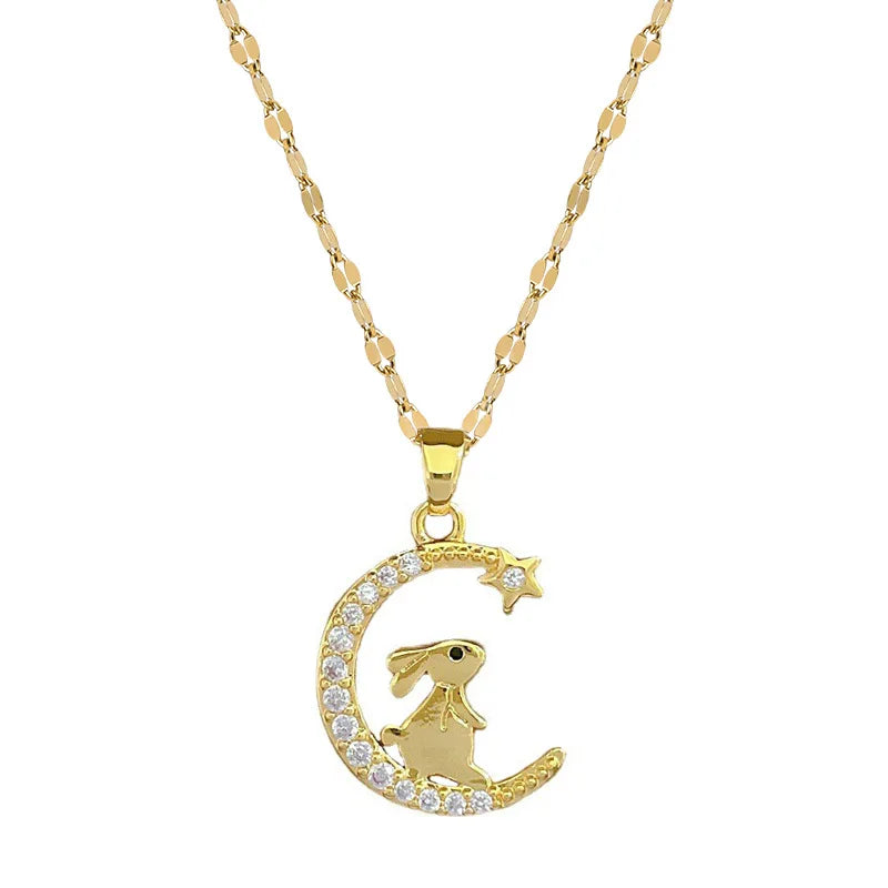Moon Rabbit Pendant Choker Necklace | Gold Stainless Steel Pendant Choker Necklace Nixie