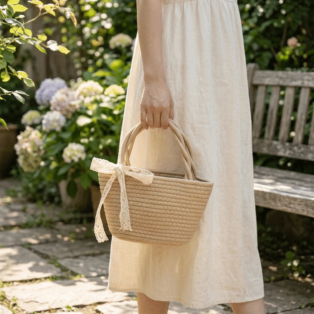 Boho Cotton Rope Woven Bucket Bag – Beach Tote Handbag Woven Bucket Handbag Nixie