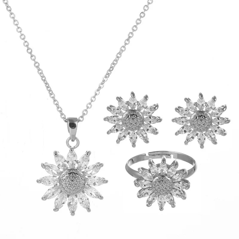Sunflower CZ Zirconia Jewelry Set – Necklace, Earrings & Ring CZ Jewelry Set Nixie Silver Jewelry Set