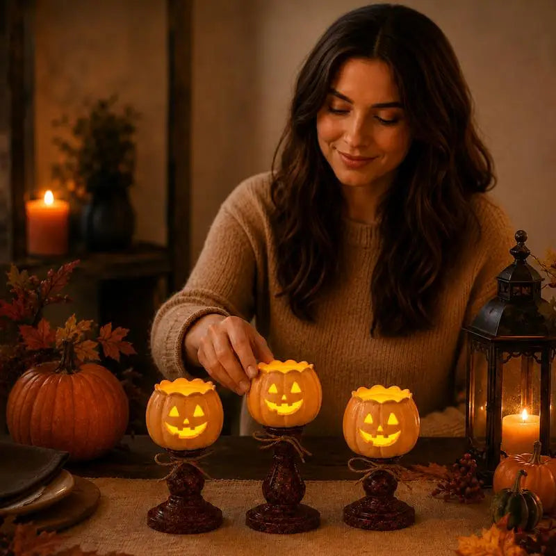 Pumpkin Jack-O'-Lantern Resin Candle Holder | Halloween Decor