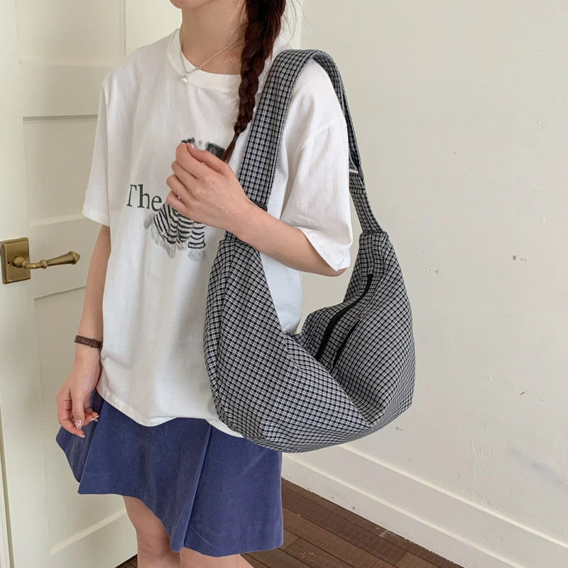 Korean Plaid Canvas Tote Bag – Shoulder & Crossbody for Women Canvas Tote Bag Nixie