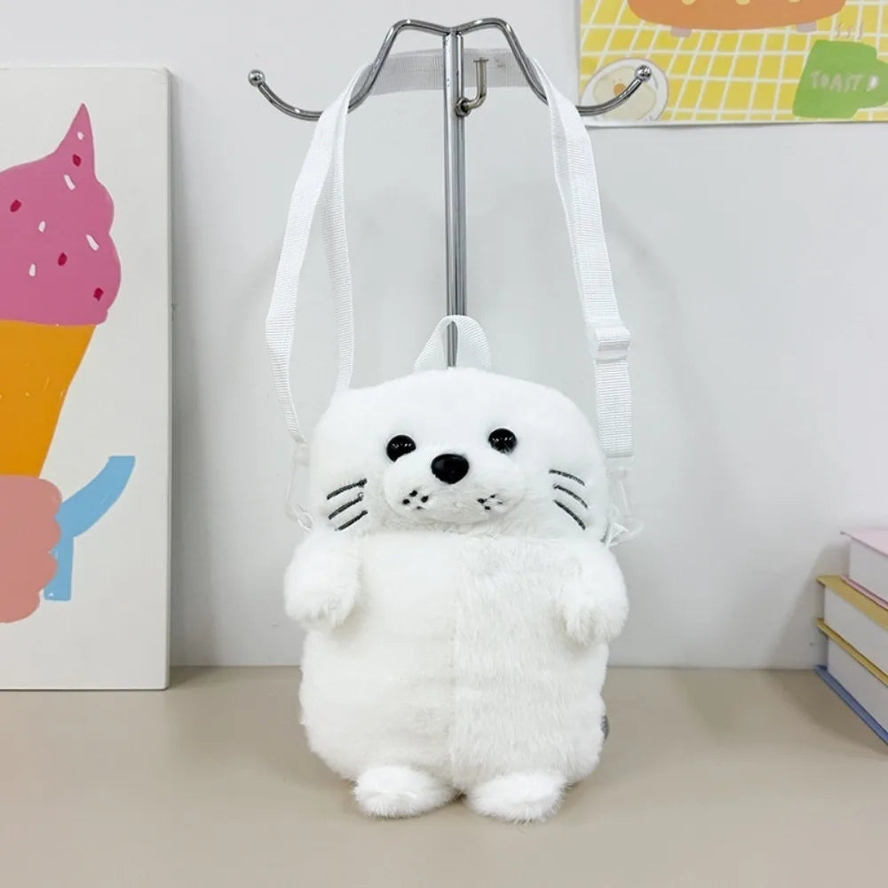 Cute Seal Plush Crossbody Bag – Fluffy Cartoon Shoulder Bag Plush Crossbody Bag Nixie White-D