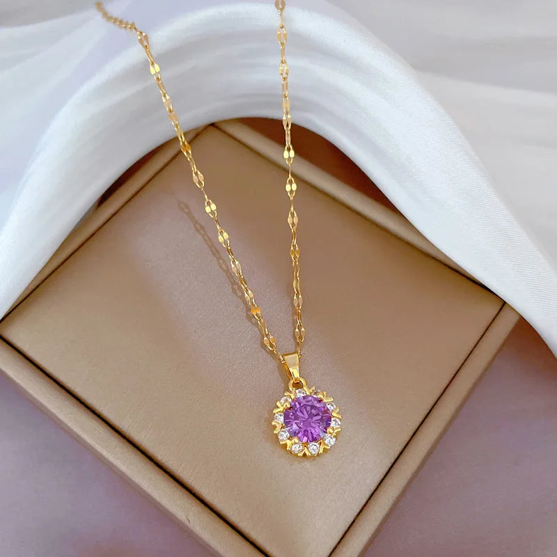 Geometric Micro-Paved Zircon Pendant Necklace | Gold Steel