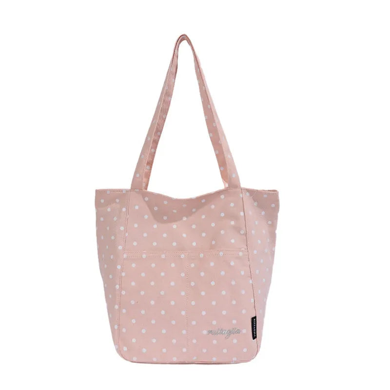 Polka Dot Canvas Tote Bag – Large Capacity Women's Shoulder Bag