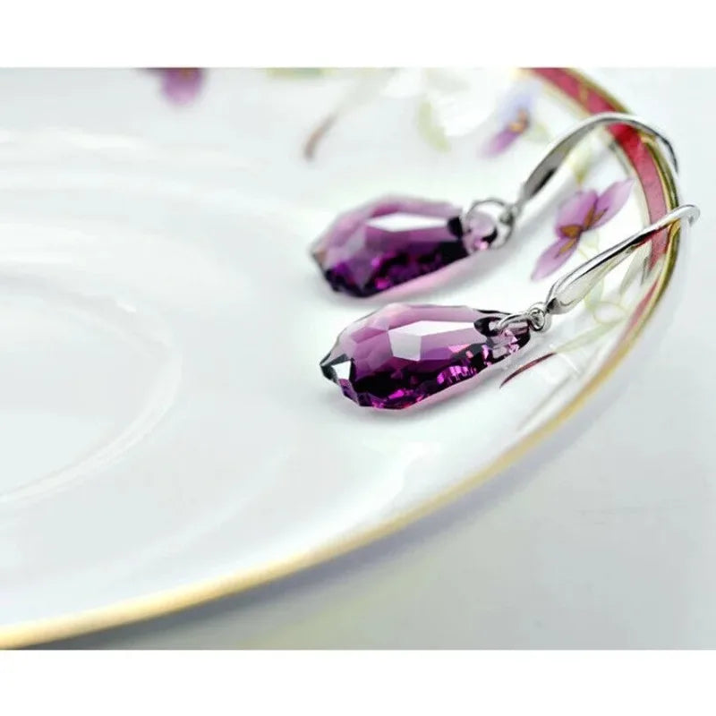 Women's Silver Purple Crystal Drop Necklace & Earrings Set Crystal Jewelry Set Nixie