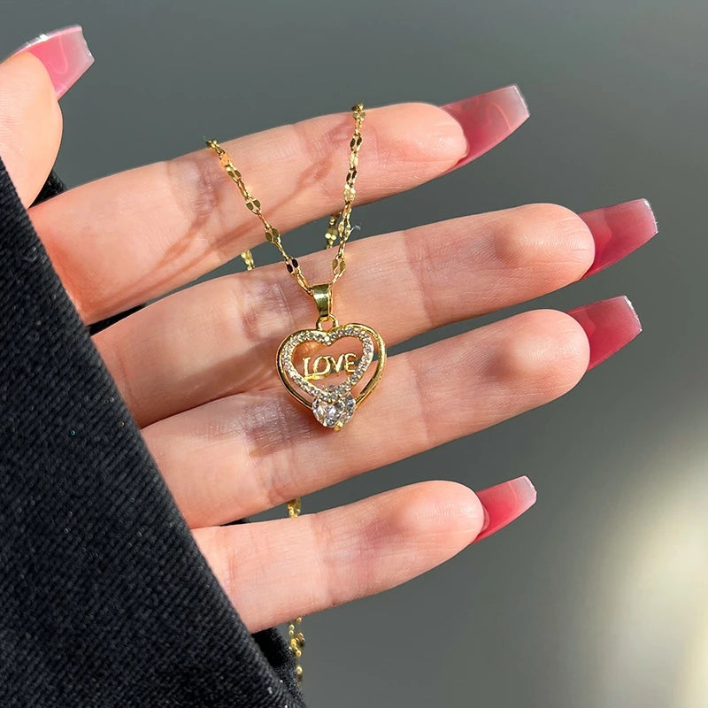 Women's Gold Heart Pendant Necklace | Zircon Clavicle Chain Pendant Necklace Nixie